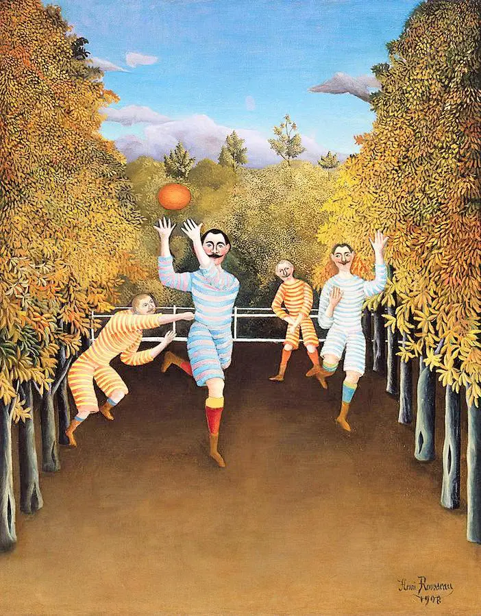 peinture représentant des joueurs de football en mouvement collectif dans un paysage évoquant la vie locale à Montesson