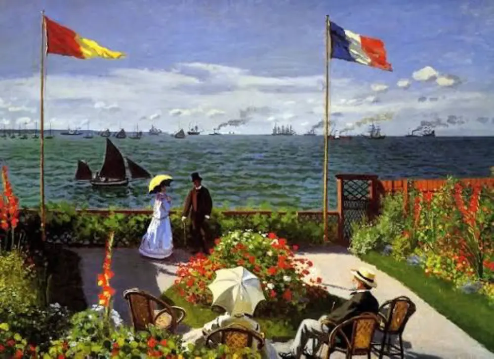 Peinture représentant une scène élégante en bord de mer, avec personnages, jardin fleuri et drapeaux, évoquant l’ouverture internationale et l’art de vivre