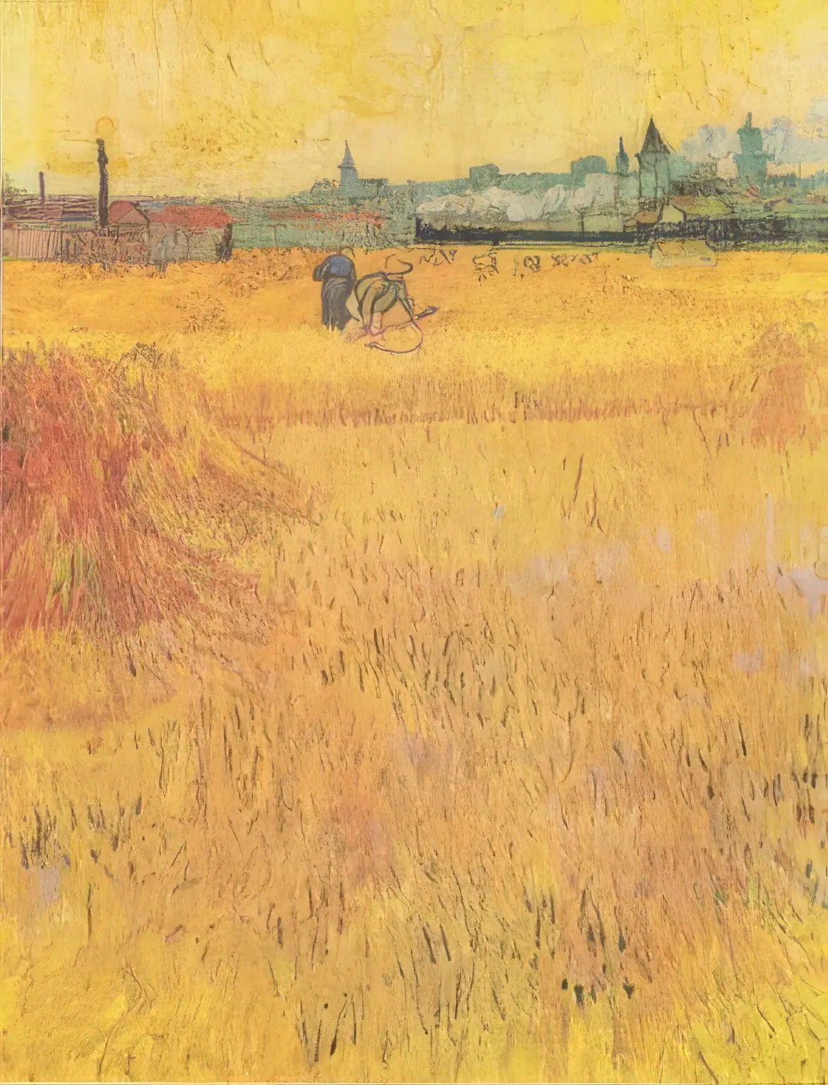 Peinture d’un grand champ doré à Montesson avec figures au travail et silhouette du village à l’horizon